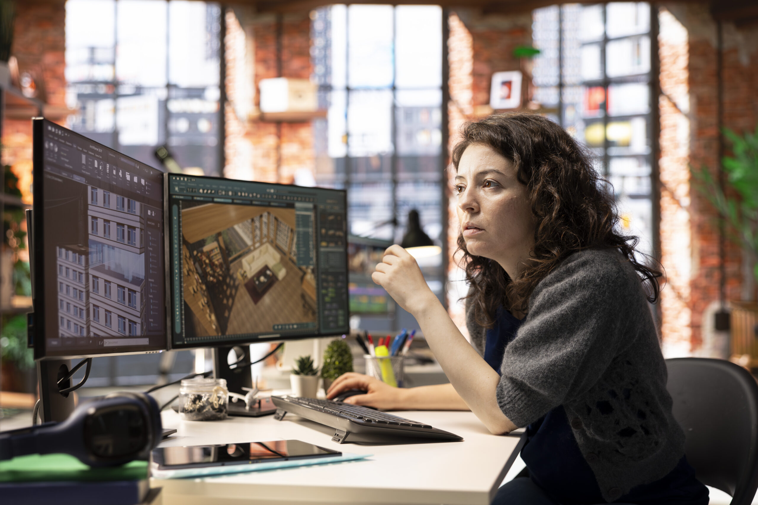 Architect reviewing 3D building models on dual monitors in studio